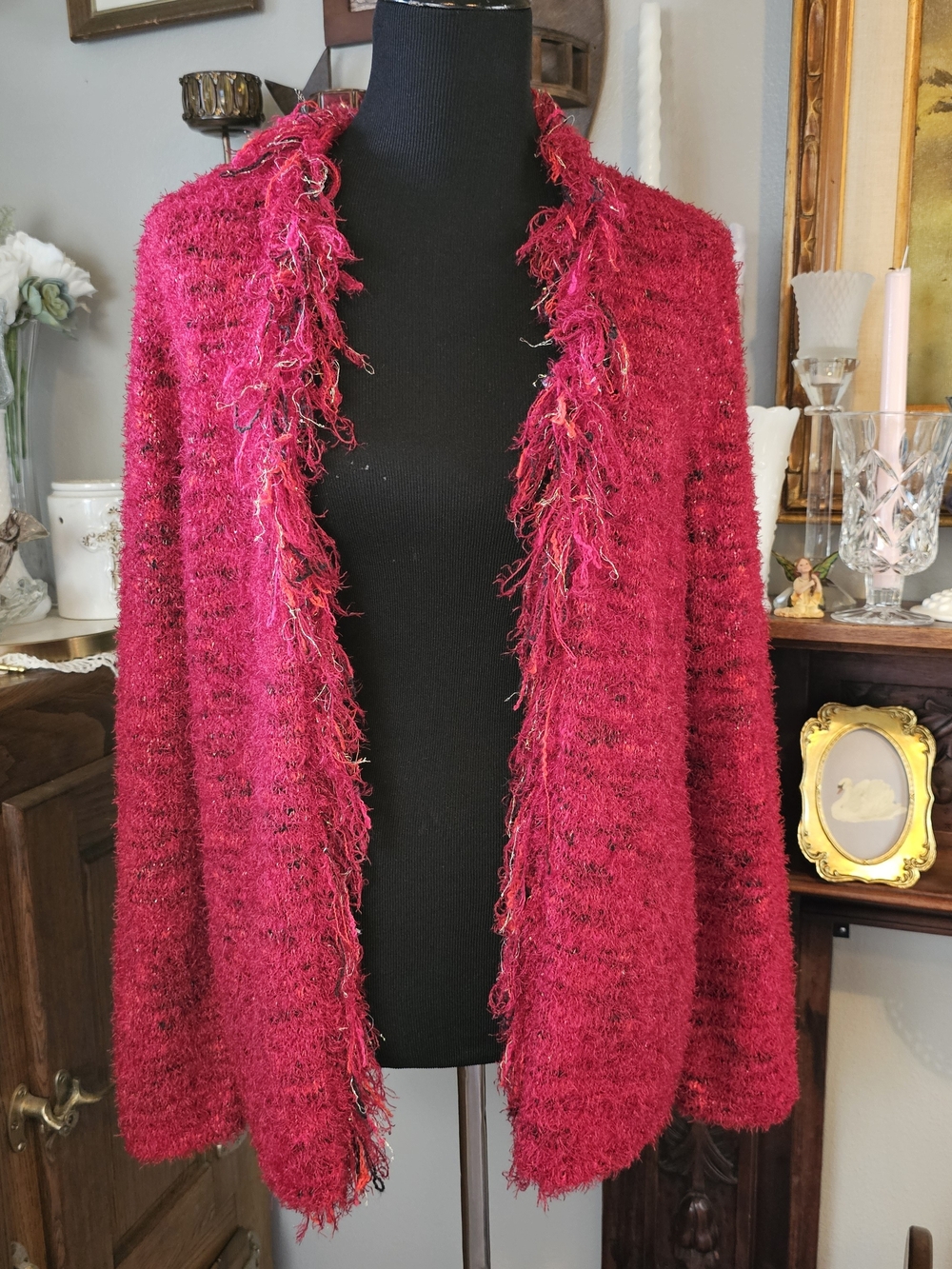 C.L.O.T.H.E.S. Red Eyelash Knit Open Cardigan Sparkle Fringe Trim Size M